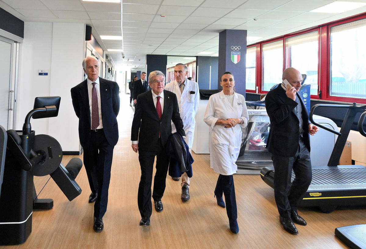 IOC President Thomas Bach visits the Giulio Onesti Olympic Preparation Centre, then meets sports leaders and Minister of the Economy Giorgetti